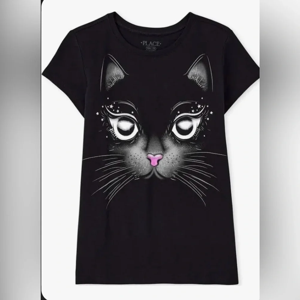 🖤 Girls Glow in the Dark Black Cat Graphic Tee - Black NWT